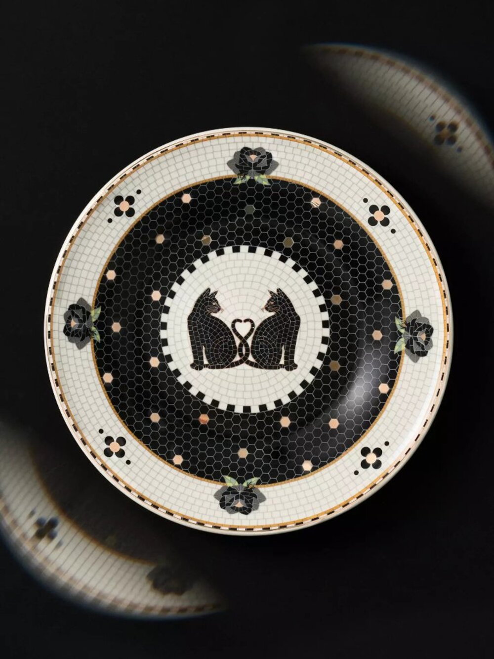 Anthropologie Bistro Tile Stoneware 24k Gold Dessert Plate in Black Cat